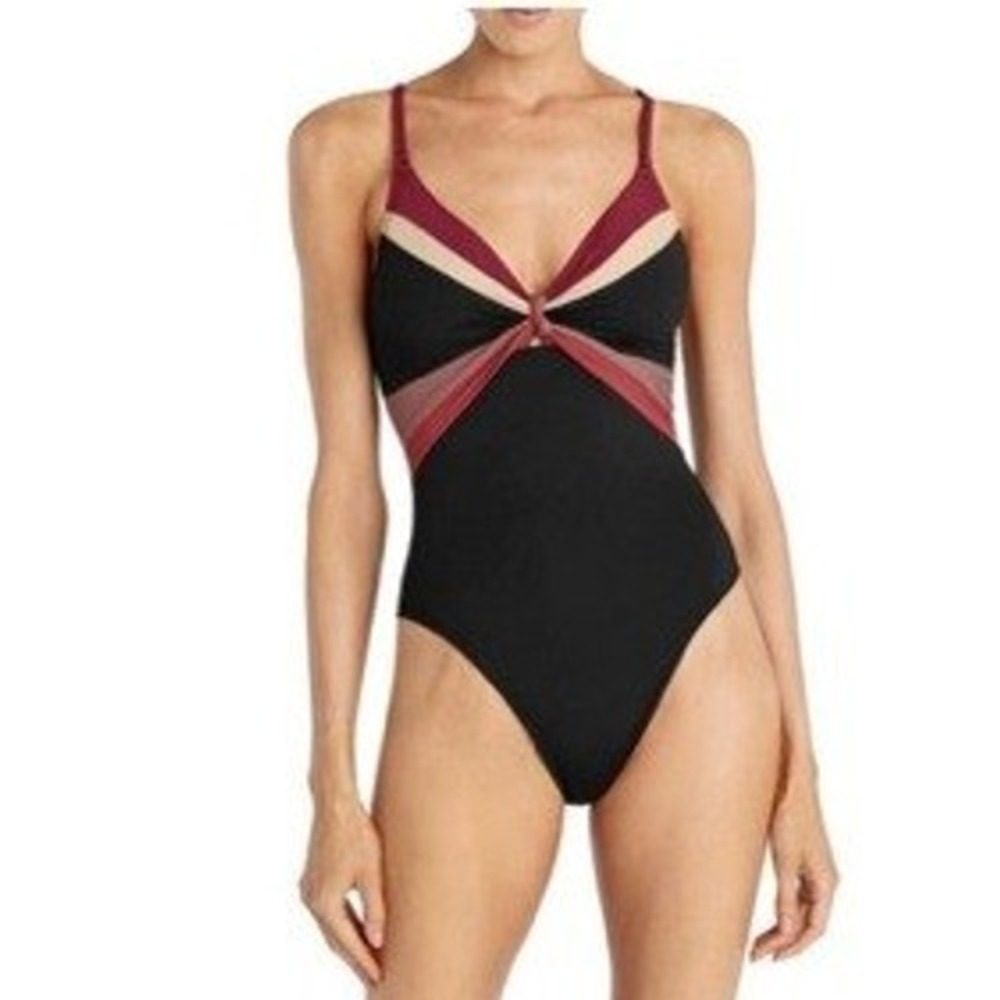 Robin Piccone Colorblock Twist One Piece Swimsuit Black Rose Size 14 New